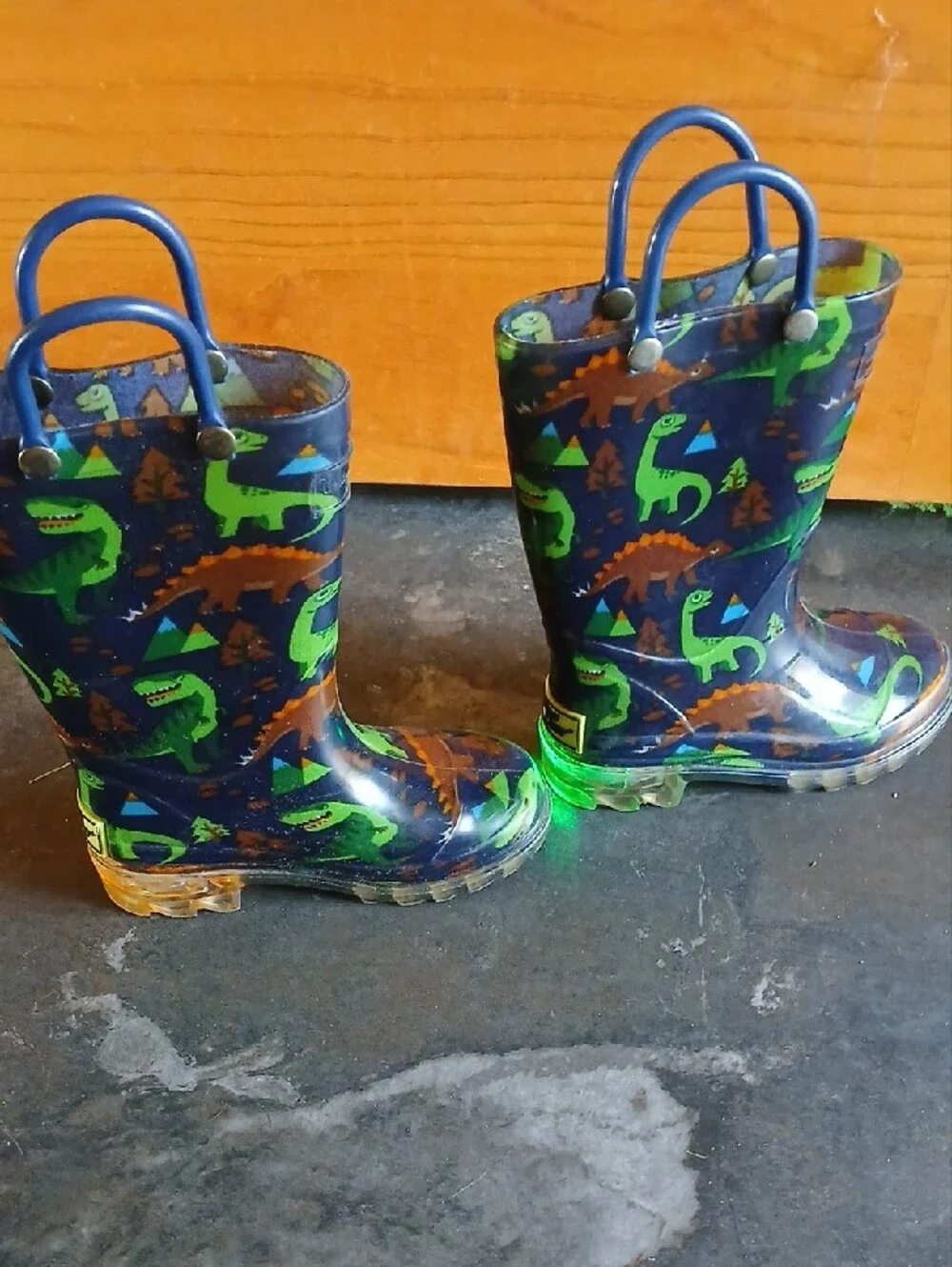 Kids Navy Dinosaur Rain Boots with Handles That Light Up !